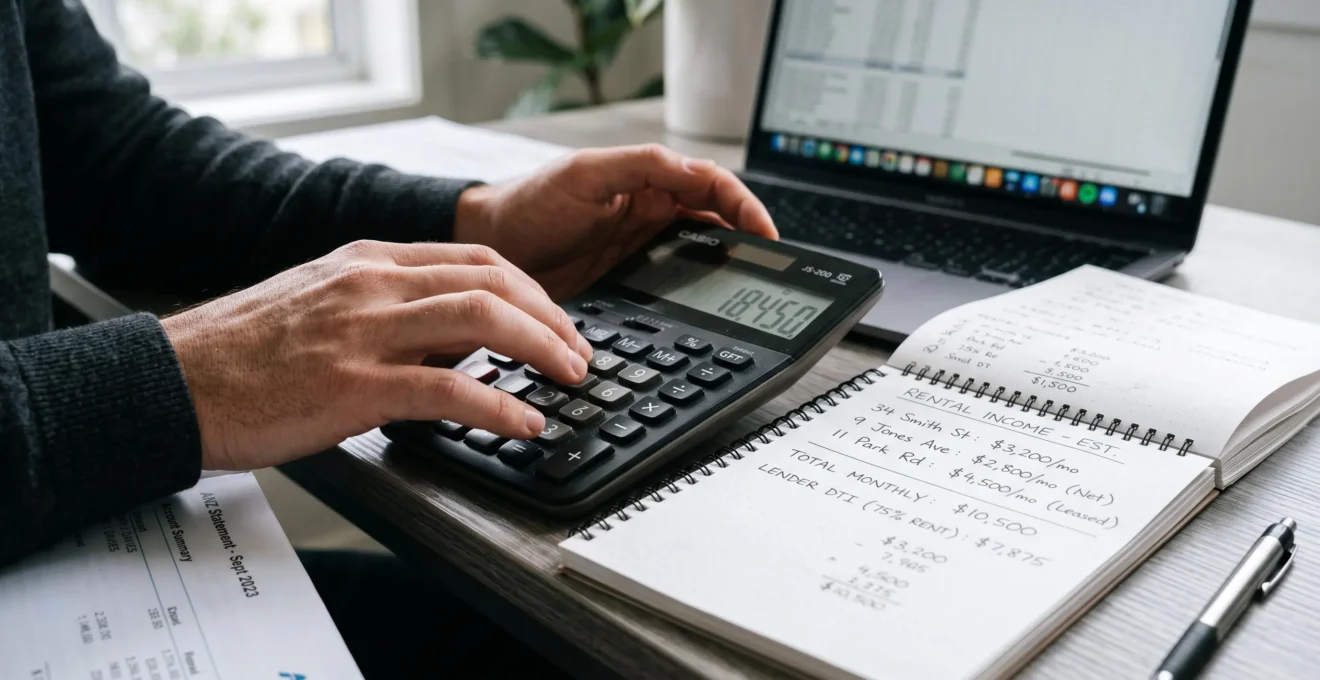 Mains d'un investisseur effectuant un calcul à la calculatrice à côté d'un carnet d'estimations de loyers.